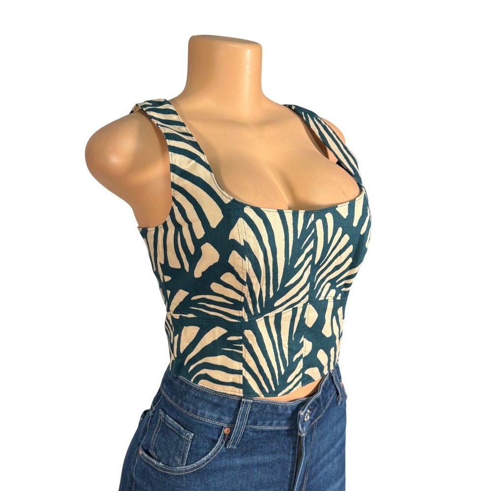 Banana Republic Corset Style‎ Top Womens 2 Green Linen Blend Tropical Print